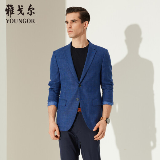 雅戈尔（YOUNGOR）单西男二粒单排扣修身版休闲西服男西服外套羊毛混纺商场同款 灰蓝 M 170/92A