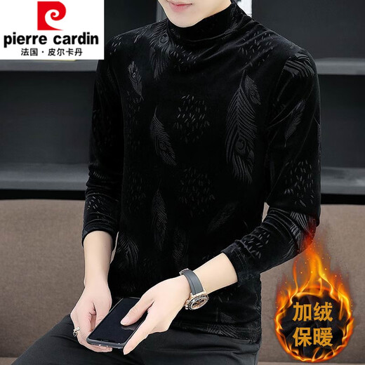 皮尔卡丹（pierre cardin）男士金丝绒长袖t恤男加绒加厚冬季高领打底衫青少年潮牌保暖上衣 691黑色(加.绒) M