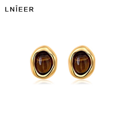 Lnieer S925 Silver Maillard Tiger Eye Stone Earrings Women's Retro Hong Kong Style Autumn and Winter Earrings 2025 New High-end Earrings Tiger Eye Stone Earrings S925 Silver Needle