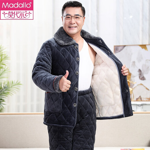 莫代尔睡衣男秋冬季三层加厚加绒珊瑚绒夹棉袄男士中老年爸爸家居服冬天 C9913#黑灰色男【长毛绒】 L (100-125斤)
