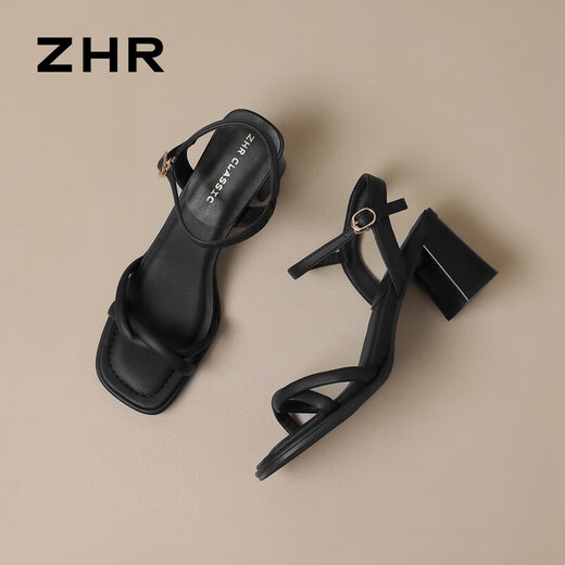 ZHR凉鞋女夏季方头百搭鞋子女粗跟增高一字带女鞋 Y757 黑色 36 