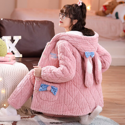Fengteng Shijia Pyjamas Dreischicht verdickter Baumwollkorallen-Samt warme süße und niedliche Herbst- und Winter-Heimanzug mittelgroß 9901 Pink L (vorgeschlagen 160-165 cm/90-110jin [Jin gleich 0,5 kg])