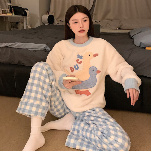 丹俏丽加厚珊瑚绒睡衣女士秋冬季甜美可爱卡通鸭子格子半边绒家居服套装 #m-5009 加厚款 M  75-100斤