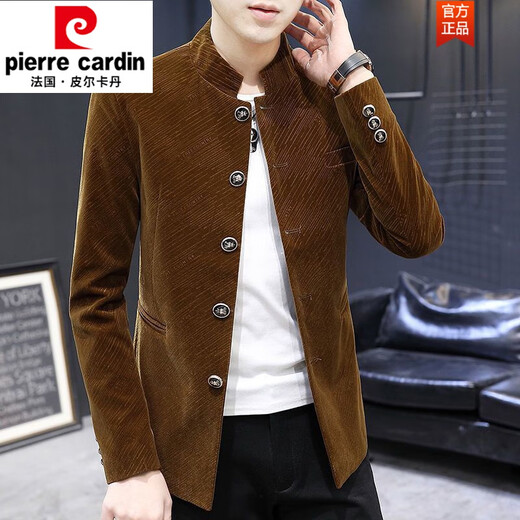 Pierre Cardin gold velvet tunic suit spring and autumn casual stand collar jacket men's suit Korean version slim youth solid color suit 1888 velvet thickened royal blue 2XL