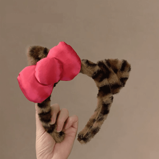 Danqin leopard print plush face wash ear headband women's headband new pressed cute bow headband hair bundle hairpin headdress bow cat ear headband