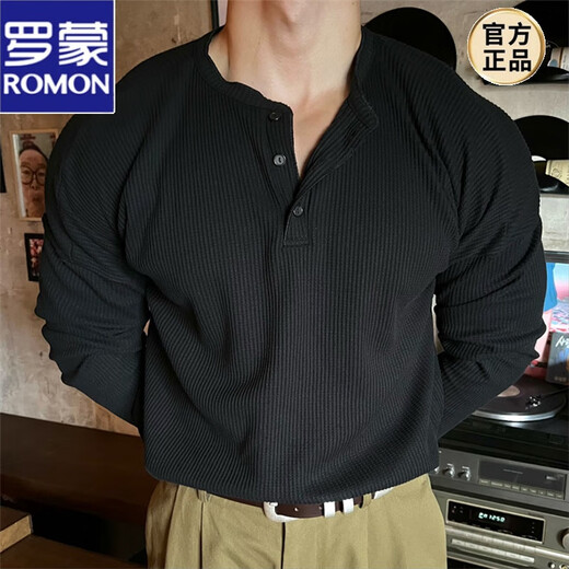 ROMON large size 300Jin Jin equals 0.5kg Henry collar waffle loose bottoming shirt for men spring and autumn new slim long-sleeved T-shirt top white 2XL 140-160Jin Jin equals 0.5kg