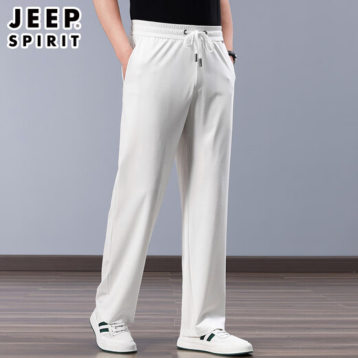 吉普（JEEP）高端桑蚕 丝夏季薄款宽松阔腿运动男裤中年爸爸休闲垂感冰丝裤子 黑色 2XL 【适合160-175斤】