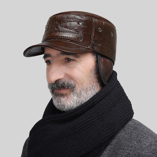 Woodpecker head cowhide hat for middle-aged and elderly men, winter duck cap with ear protection and velvet to prevent cold and warm baseball cap for dad and grandpa, dark brown color, adjustable hat circumference (head circumference 54-60cm)