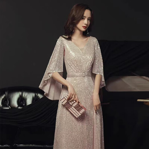 Noliti high-end evening dress banquet fashion new style noble golden light luxury high-end niche performance host female champagne color long M