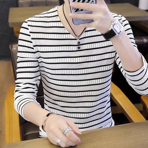 
Pierre cardin men's long-sleeved T-shirt 2025 spring and autumn v-neck base shirt trendy casual contrast striped T-shirt top youth 6188 black M