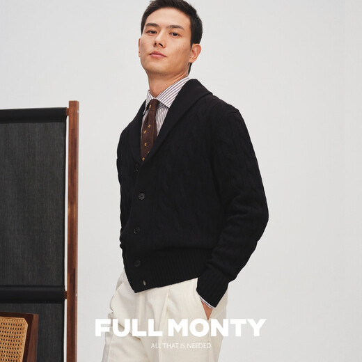 FULL MONTY青果领秋冬季羊毛针织开衫v领长袖毛衣男士新复古回潮外套 黑色8740 L