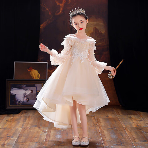 Chuangjingyi chose children's dress princess skirt catwalk tailgirls dress domineering front short back long show costume children's champagne color [TW683 tailgirls] 110cm
