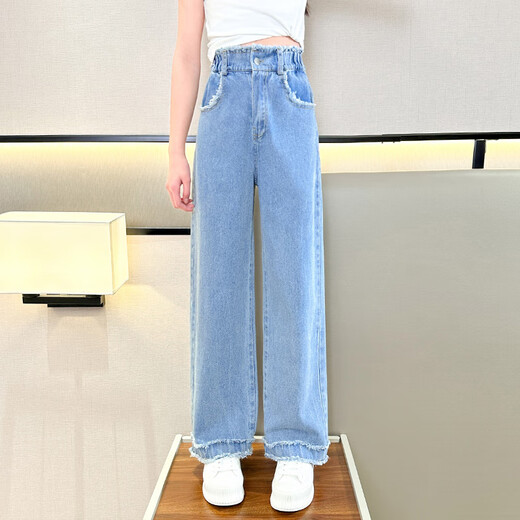 NICKYBABY girls' pants summer thin children's 2025 new summer Tennis straight jeans big children's ice silk wide-leg pants 15030 blue + 9889 blue [set] 130