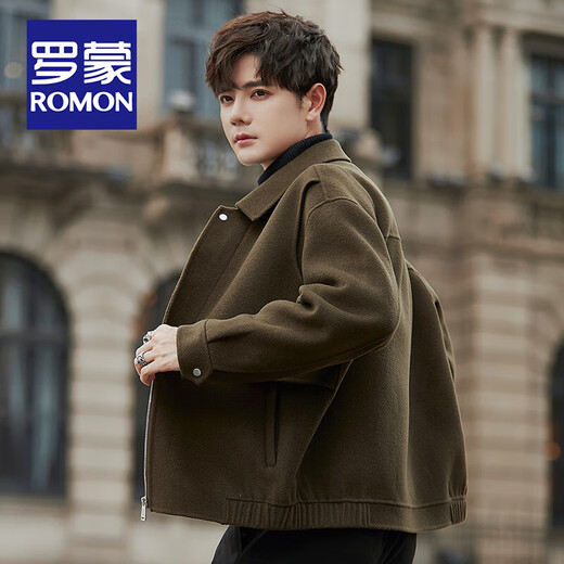 ROMON 2025 new autumn and winter double-sided sheep-Fleece Jacket Men's Wool Wool Jacket Short Casual Coat High-end 58003-345 Military Green (65.2% Wool) XL Size