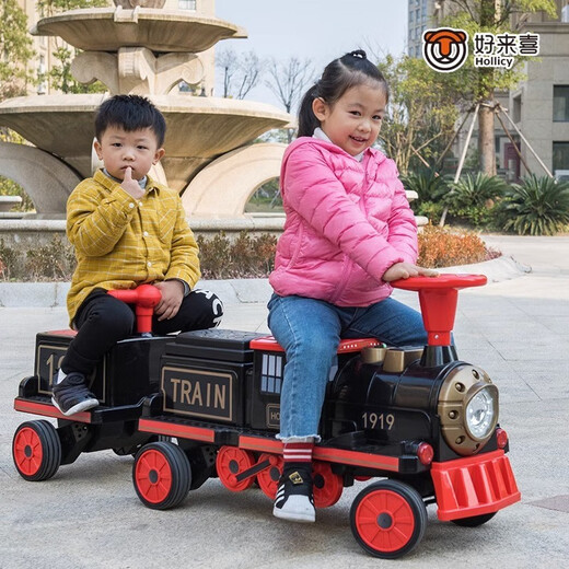 Haolaixi little train baby electric car four-wheel male and female baby can sit on the stroller children's toy cartoon rechargeable car four-wheel drive black and red + 1 car remote control + 2 sets of 12V10 large batteries + early education