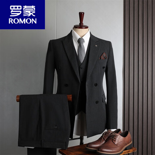 ROMON FANHOMME suit men's British style double-breasted business casual suit three-piece groom's wedding dress black (suit + pants) M 48
