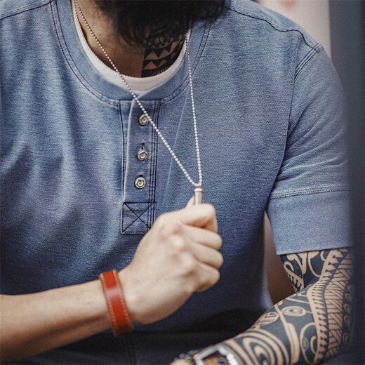 Maden Workswear American Retro Og Knited Denim Henry Shirt Ami Kaji Old Tough Guy T-shirt à manches courtes Indigo d'été masculin (Bleu lavé) XL