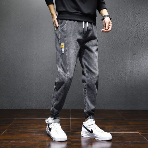 Fesshi-cho jeans men's 2023 spring and summer new trendy brand loose trousers for boys spliced ​​casual Harun work pants Large pocket Harun grey XL [recommended 120-135 Jin [Jin equals 0.5 kg]]