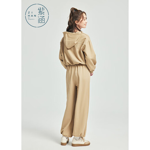 Zihan sweatshirt casual pants two-piece set autumn v-neck hooded pullover straight-leg sweatpants set Khaki XL