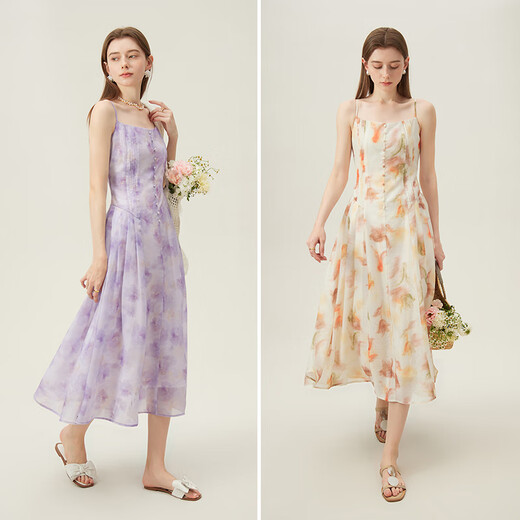 Fan Silann Blumen -Haltender Kleid für Frauen Französischer Sommer Neues Stil für Seaside Urlaub Date Rock 24FS12222 Ölgemälde Orange M.