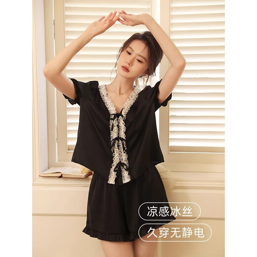 MOXTOC法式冰丝睡衣女2024年夏季新款短袖短裤两件套甜美女套装家居服 黑色55J1278【长套装】 L