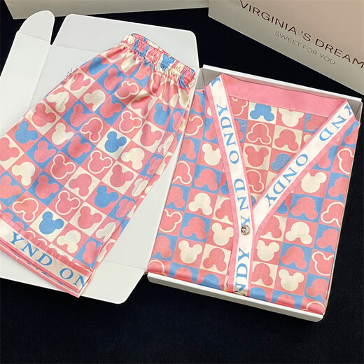 Mobeihai summer pajamas for women ice silk cute printed shorts shorts casual cardigan bestie can wear home clothes set YFY-9902# pink letter M Recommended 80-100Jin [Jin equals 0.5 kg]