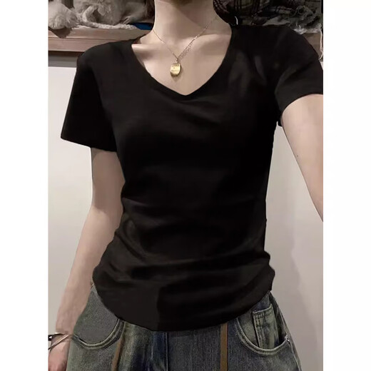 柯兰娜夏季新款正肩修身显瘦T恤女休闲百搭灰色短袖上衣 奶白灰【1291#V领】 XL 【建议114-134斤】