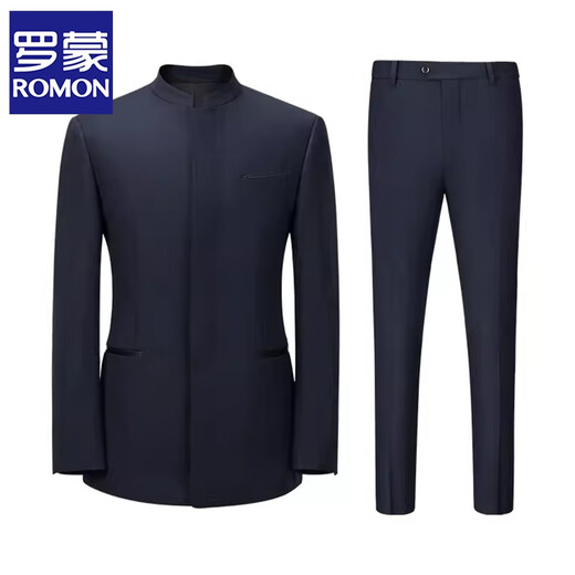 罗蒙（ROMON）修身立领青年中山装男士新郎结婚中式西服套装中国风绅士西装礼服 黑色【西服+裤子+衬衫】三件套 3XL