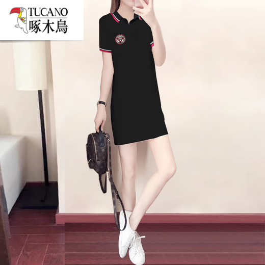 
Woodpecker's new ice silk summer lapel T-shirt for women's short-sleeved sports and casual small polo shirt mid-length women's dress AL829 black L 103-113Jin[Jin equals 0.5 kg]