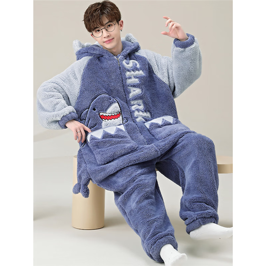Shantoulin Village Shark Herren Herbst und Winter Großgröße einteiliger Pyjama 2024 Teenager Plüsch verdickte Korallenfell Heimkleidung ypf einteilig 3891 Braune Hirsche M Größe 160c/95jin [Jin gleich 0,5 kg]