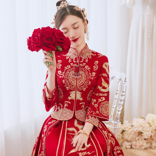 Xiuhe Clothing 2021 Spring New Bride Wedding Chinese Wedding Dress Wedding Clothes Xiuhe Dragon and Phoenix Gown Toast Wear Female Fengtian B Style [No Accessories] XL