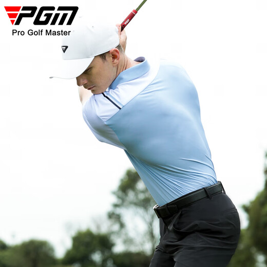 PGM高尔夫服装夏季男士短袖 运动T恤 不对称袖子拼接 golf男上衣 YF682-冰晶蓝【上衣】 L