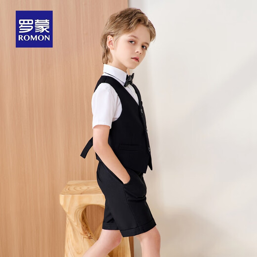 罗蒙儿童西装套装演出服花童礼服中大童钢琴英伦 黑色套装 130
