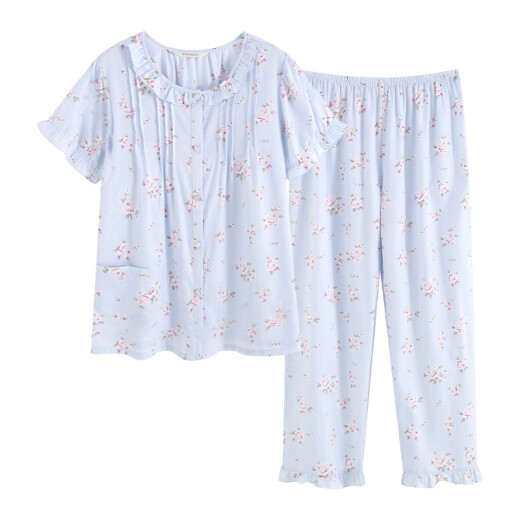 Roseme Roseme Spring and Summer New 14065 Pure Cotton 60 Tribute homenaje Estampado Rose Rose Collar completamente abierto Pajama de manga corta Set azul 160 (M)