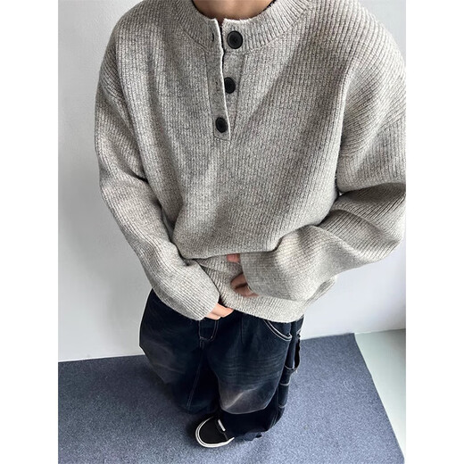 POUM Henry collar sweater men's autumn and winter trendy high street sweater tops American sweater jacket LJWP-MY338 Gray XL