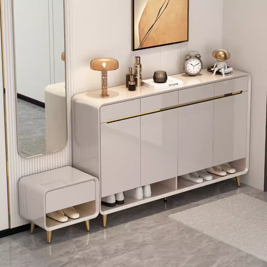 Gabinete de la puerta del gabinete de zapatos Suzhan Hogar Modern Simple Entrance Gabinet Puerta con gabinete de almacenamiento de calzado de banco de asiento Integrado contra la pared AD983 [gris claro] Estilo de pierna de 120 cm de altura [Pintado y brillante] Instalación de paquetes