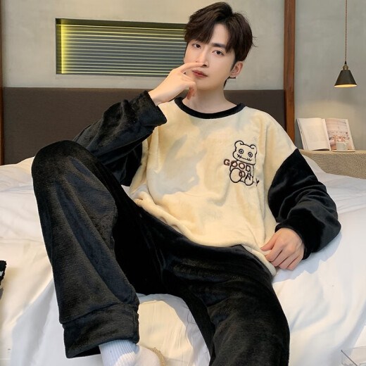 
Pajamas men's autumn and winter flannel thickened warm round neck cartoon students among teenagers loose men's home clothes WYEX3887 L (recommended 90-115 Jin [Jin equals 0.5 kg])
