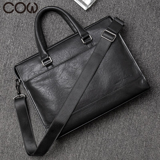 French COW Briefcase Trendy Fashion Men's Bag Casual Business Large Capacity Horizontal Handbag Shoulder Crossbody Laptop Bag C-6668 Black