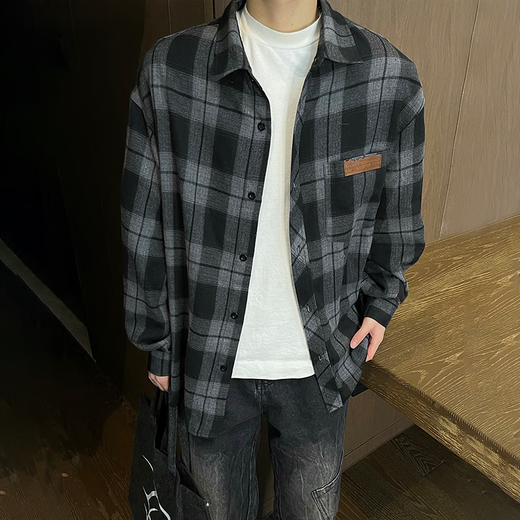 Homlean American retro plaid shirt men's spring and summer Hong Kong style loose casual long-sleeved shirt jacket HL09 coffee plaid 2XL