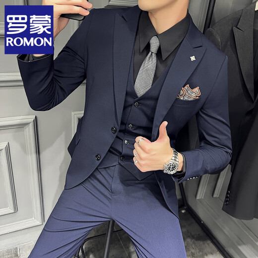 ROMON Casual Suit Men's Suit Slim Formal Wedding Groom's Dress Autumn Handsome Small Suit High-end Large Size Navy Blue One-piece Suit XL