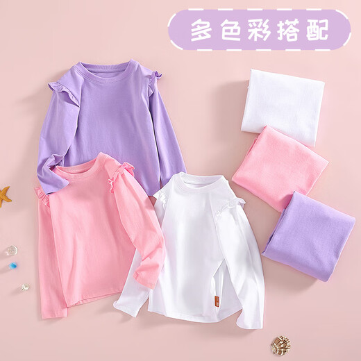 Babudou girls long-sleeved T-shirt spring and summer pure cotton skin-friendly baby fashionable ruffled children's clothing bottoming shirt top White/Babu Baihuakai+Purple/Babu Little White Flower x 150