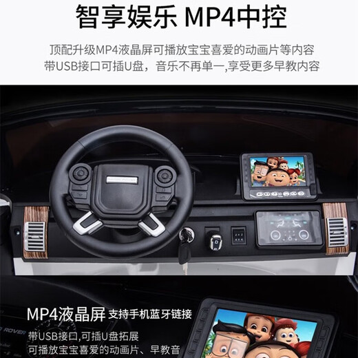 GELSA children's electric four-wheeled Land Rover baby toy car can sit in an adult four-wheel drive rocking two-seater remote control off-road vehicle. Light luxury painted black/MP4 LCD screen/large size 142 four-wheel drive + swing + early education + soft wheels + leather seat