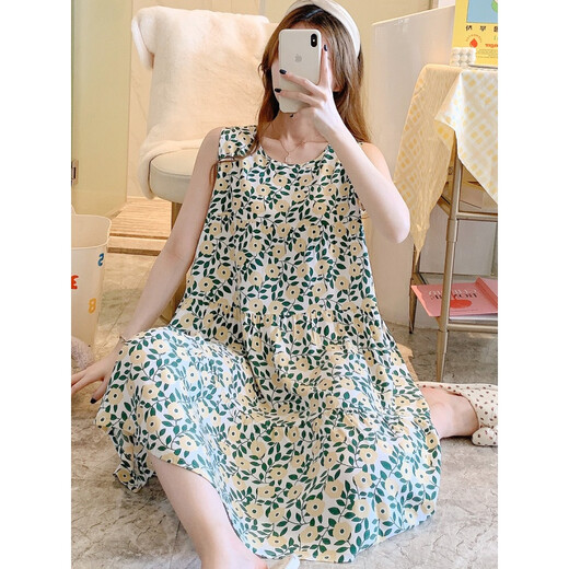 ZHIDOUDOU无袖棉绸睡裙女春夏季网红大码睡衣家居服日系仙女裙学生绵绸裙薄 1697黄底黄花 XL