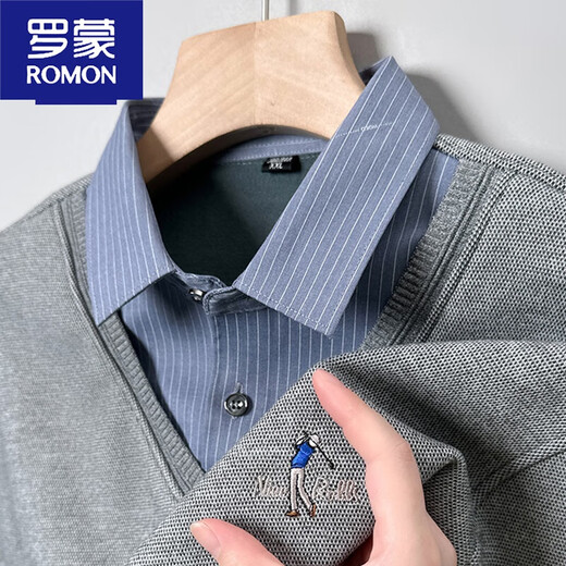 罗蒙（ROMON）保暖衬衫领男士加绒加厚毛衣2023新款中青年假两件针织衫秋冬款 681藏青加 绒 XL