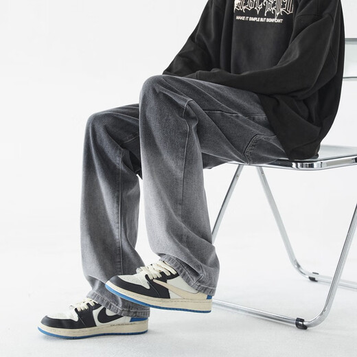 Foss Phil Jeans Summer Hole Loose Work American pantalones Trendy Brand High Street Retro de pierna ancha Men SS-5009 Black Grey XL (recomendado 130-150jin [Jin equivale a 0.5 kg])