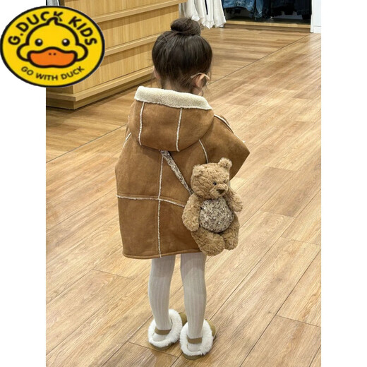 G.DUCKKIDS Little Yellow Duck Girls' Lamb Wool Jacket 2025 Autumn and Winter New Children's Fur All-in-One Coat Thickened and Warm Brown Brown Velvet 100cm