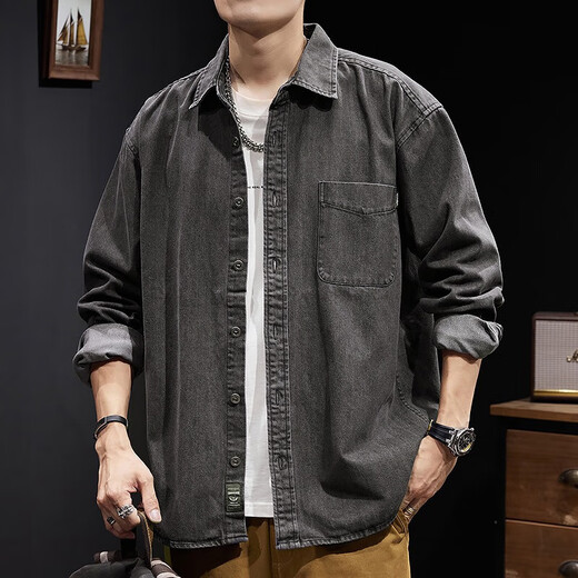 罗蒙牛仔衬衫男士秋季户外重磅工装外套春秋季美式蓝色耐磨纯色上衣男 Z757蓝色 3XL