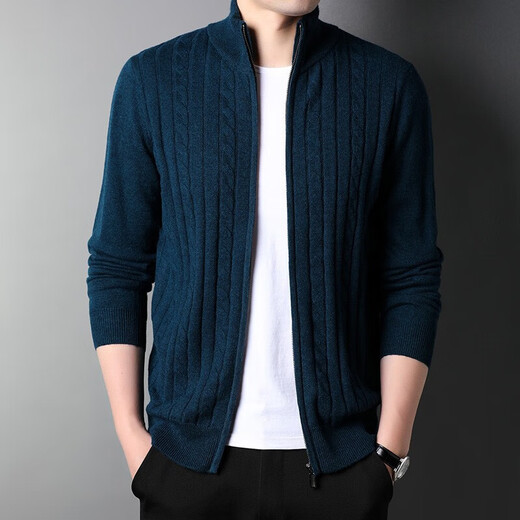 NOSSKISS light luxury brand men's pure wool cardigan for men in autumn and winter stand-up collar striped jacquard zipper knitted sweater jacket for men dark blue (twisted pattern) XL 180