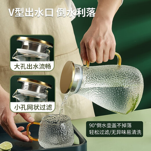 DELISOGA high-looking light luxury hammered glass cup hot water resistant cup tea cup water set family hospitality home living room 1.8L pot + 6-color hammered cup + love frame + blue plate