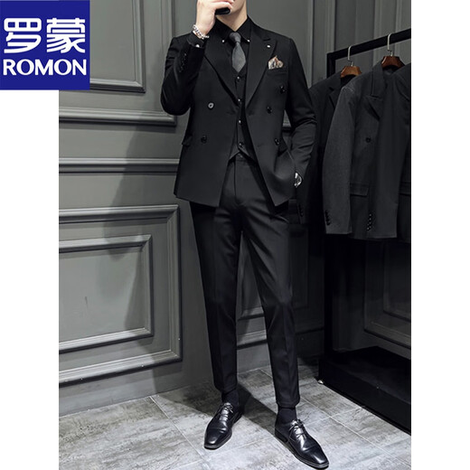 ROMON Italian-style lapel suit men's spring slim-fit handsome double-breasted business plus-size groom's wedding dress three-piece suit black suit + vest + trousers black XL